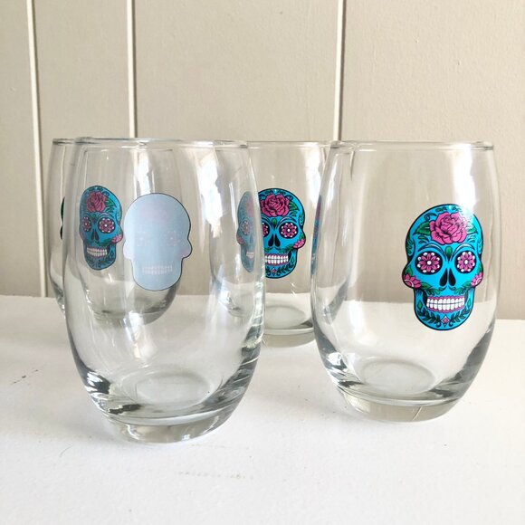 Cristar Aqua Blue Sugar Skull Stemless Wine Glasses Set of 2 Day of The Dead - Picture 4 of 5